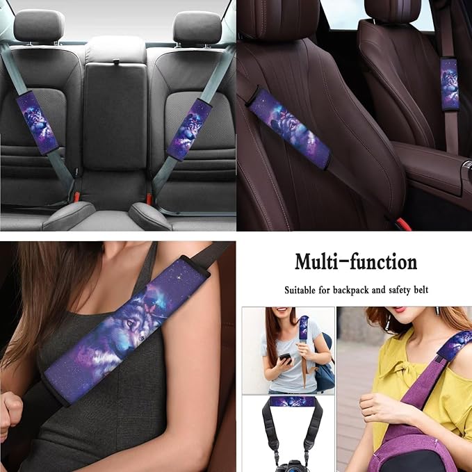 Galaxy Wolf Print Car Seat Covers with Matching Steering Wheel Cover 4 Pcs Seat Belt Pads Butterfly Print Auto Seat Protector Universal Auto Interior Accessories, Purple