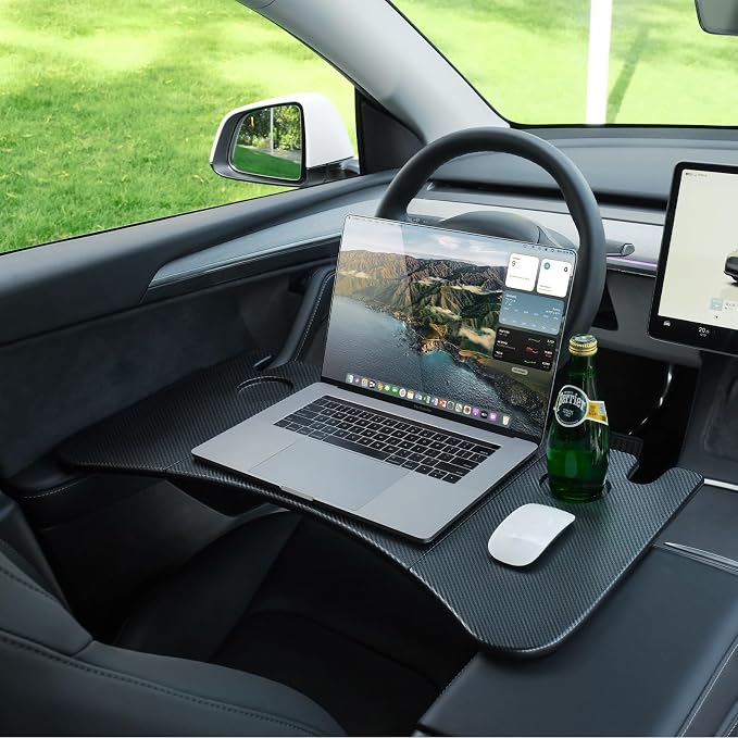 YONZEE Foldable Desk Food Tray (Carbon Edition) for Tesla Model Y Model 3 S X Y Juniper Accessories- Upgraded Table with Support Leg for Dining, in-Car Work, Travel and Outdoor (1 Pack)