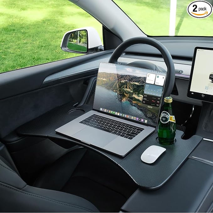 YONZEE Foldable Desk Food Tray (Carbon Edition) for Tesla Model Y Juniper Model 3 - Upgraded Table with Support Leg for Dining, in-Car Work, Travel and Outdoor (2 Pack)