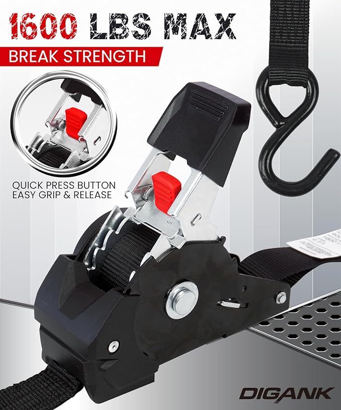 1" x 6' Retractable Ratchet Straps, 1600 lbs Break Strength, Heavy Duty 4 Pack, Self Retracting Tie Downs with S Hooks, DOT Approved for Durable Strapping for Trailers, Trucks, Boats, and Cargo