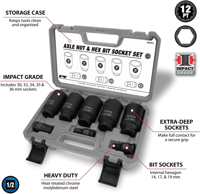 Performance Tool W89321 Axle Nut and Hex Bit Socket Set (8 Pieces) - Chrome Molybdenum Steel Construction, Extra-Deep Sockets for Secure Grip, Corrosion Protection, Fitted Storage Case - 1/2 in. Drive