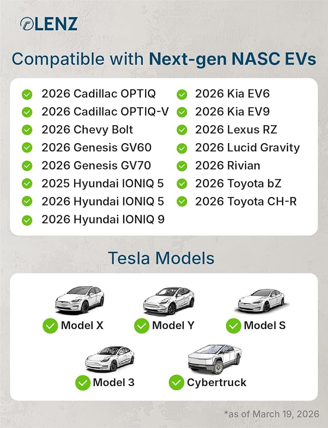 LENZ J1772 to NACS Charging Adapter – SAE J1772 to NACS for Tesla & NACS EVs (2026+ Hyundai, Kia, Rivian, Toyota bZ, Lexus RZ, Lucid) – Level 1 & 2 AC, 80A Max, Safety Certified to UL 2251