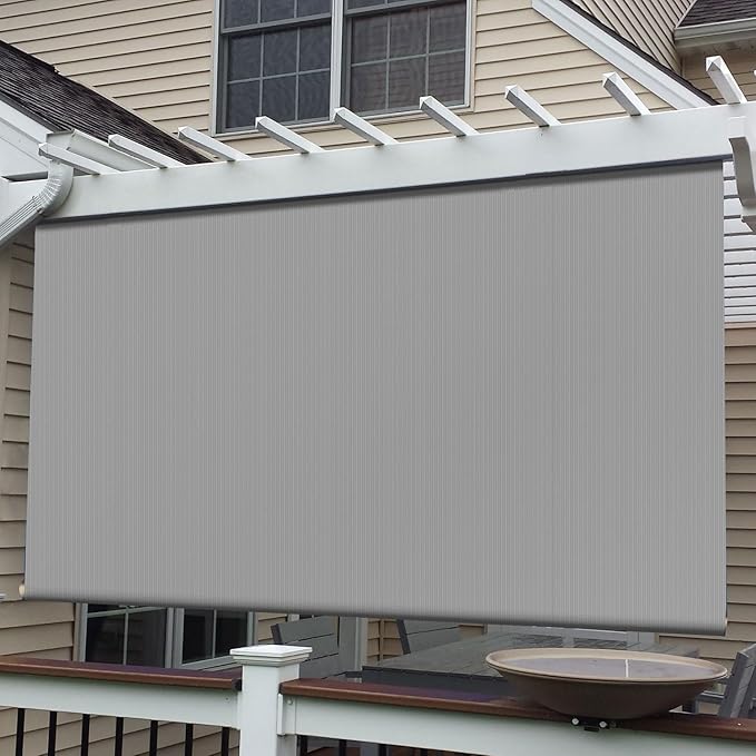 E&K Sunrise 8'W x 5'H Roll Up Outdoor Roller Shade Blind Sun Shade UV Block for Patio, Porch, Backyard, Gazebo, Deck, Pergola (Gray)