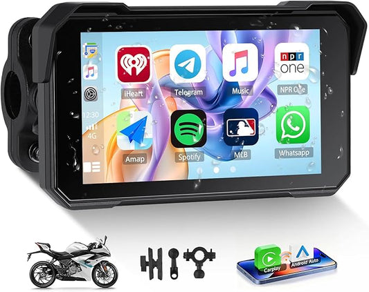 GPS CarPlay 5" IPS Motorcycle CarPlay Screen for Motorcycle with A-pple Wireless CarPlay & Android Auto, IP68 Waterproof, Supports Bluetooth,Navigation,S-IRI/G-oogle Assistant, Vioce Control, Bracket