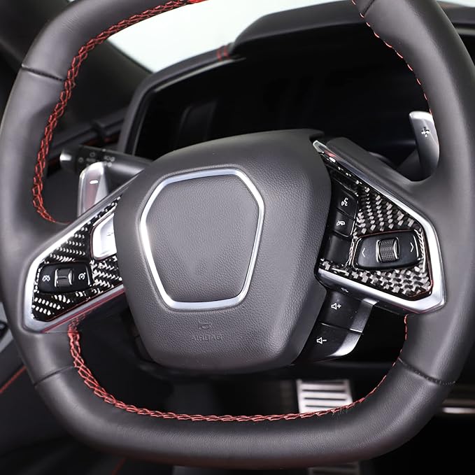 Steering Wheel Button Cover Compatible with Chevrolet Corvette C8 2020-2023, Steering Wheel Frame Trim, Car Steering Wheel Panel Protection Frame Molding Sticker (Black soft carbon fiber 3 holes)