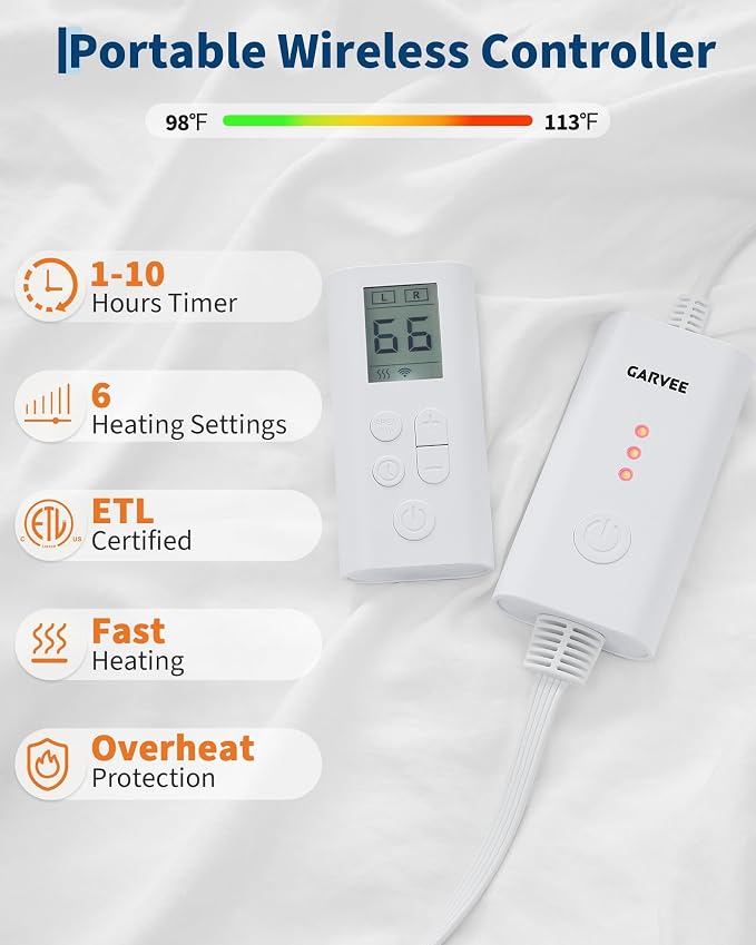Heated Comforter Blanket with Ruffle, Wireless LCD Controller Electric Quilt - Fast Heating, Overheat Protection, ETL Certified, Machine Washable