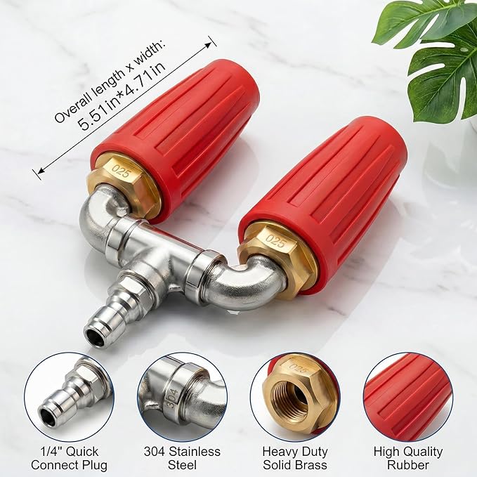 Dual Turbo Nozzle Pressure Washer, Dual Pressure Washer Nozzle, 360° Rotating 4000 PSI Turbo Nozzle with 1/4" Quick Connector 2.0 Orifice, 304 Stainless Steel for Driveway/Deck Clean(Red)