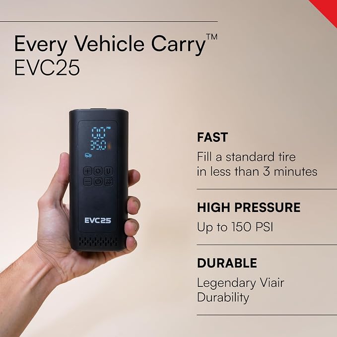 Viair Every Vehicle Carry EVC25 - rechargeable, portable compressor - LED gauge w/preset - Tire Inflator ideal for compact & mid-size cars, LT trucks, E-bikes, motorcycles & Inflatables