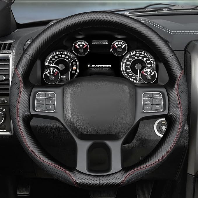 MEWANT Hand Stitch Steering Wheel Cover for Dodge Ram 1500 2500 3500 2004-2008 Faux Leather Carbon Fiber Steering Wrap