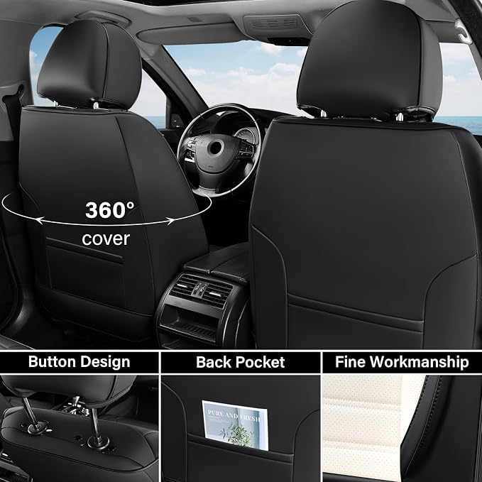 Coverado Waterproof Nappa Leather Car Seat Covers, Automotive Seat Covers，Front Car Seat Cushion & Car Seat Protector, Seat Covers Universal Fit for Most Cars, SUVs,Trucks,Black&White