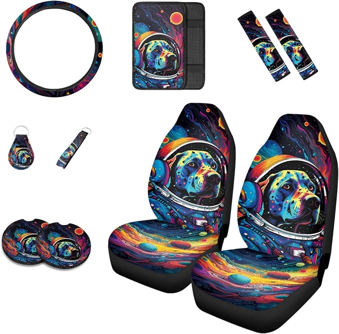 Howilath Psychedelic Astronaut Labrador 10pcs Car Front Seat Covers/Steering Wheel Cover/Seatbelt Pads/Keychain/Armrest Cushion/Coasters Vehicle Seat Protector Accessories