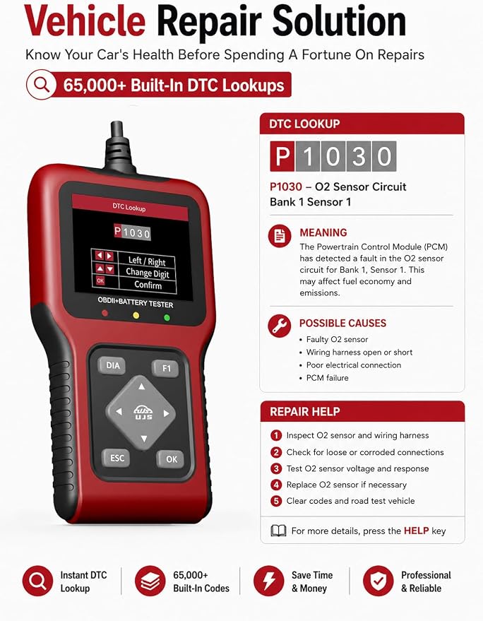 TesGo 2 in 1 OBD2 Scanner and Battery Tester, Car Diagnostic Tool for Check Engine Light, Carbon Buildup Test, I/M Readiness, DTC Lookup, Vehicle Info, Cranking Test, Vehicles 1996+