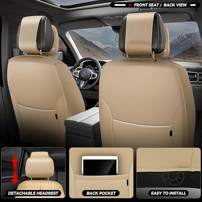 Auto Dynasty Car Seat Covers Full Set, Automotive Seat Covers for Cars Breathable Waterproof, Universal Anti-Slip Car Interior Protectors Compatible Airbag Fit Most Cars, Beige, Voris Series