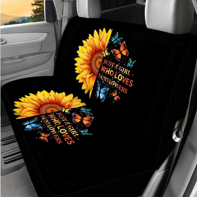 BIGCARJOB Sunflower Print Seat Covers Set for Car Front Rear 12 Pcs Art Sunflower Print Car Seat Cover Full Set with Steering Wheel Covers,Seat Belt Cover,Armrest Pads