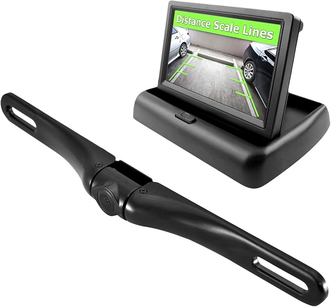 Pyle Backup Rear View Car Camera Monitor Screen & Alarm Parking Sensors System Reverse Safety Distance Scale Lines, Waterproof Night Vision Angle, 4.3" LCD Video Display for Vehicles - (PLCMPS48)
