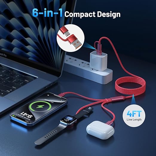 60W Fast Charging Cable for Apple Watch Charger, 6-in-1 Portable Multi Charging Cable for iPhone, Apple Watch Series 1–11/SE/Ultra, Essentials