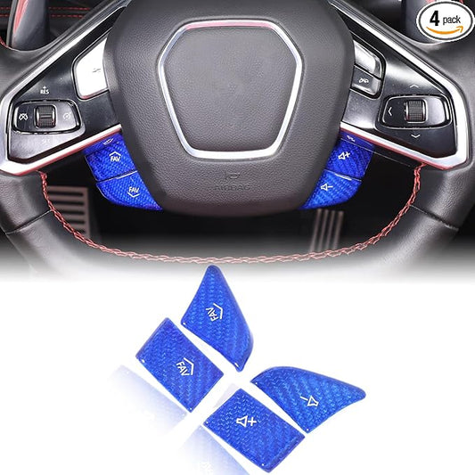 Dry Carbon Fiber Central Control Steering Volume Button Cover Compatible with Corvette C8 2020-2025 Accessories 4Pcs Center Consoles Steering Button Panel Sticker Decorative Interior Trim (Blue)