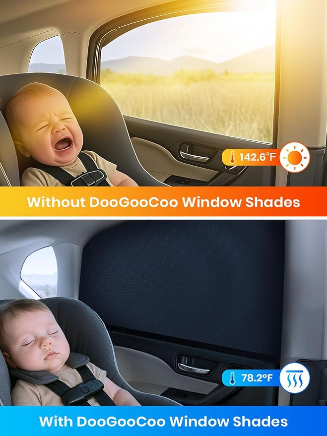 Doogoocoo Car Window Shades for Baby, [100% UV Block & Ice-Crystal Cooling] Breathable Car Shade for Back Window Universal Fit for SUV, Sedan, 2 Pack, Privacy & Safety (Medium)