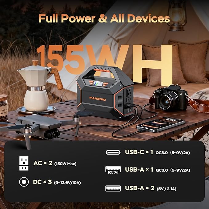 MARBERO Portable Power Station 155Wh Portable Charger 100W Power Station with 6 Outputs 2x 110V AC Outlet LED Flashlight for Home Blackout, Camping, RV Travel, Ultra-Light & Silent Fan UL Certified
