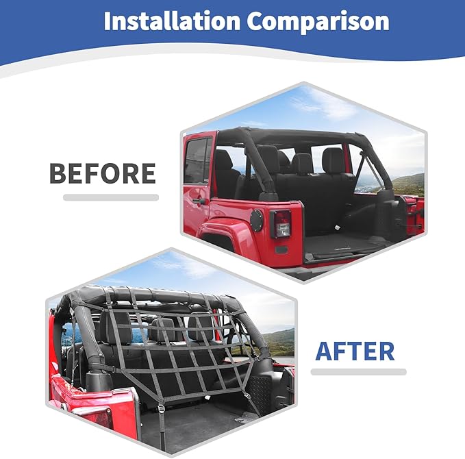 RT-TCZ for Jeep JKU Black Cargo Net Rear Restraint Net Trail System for Jeep Wrangler JKU 2007-2017 4 Door Black Accessories 3pcs