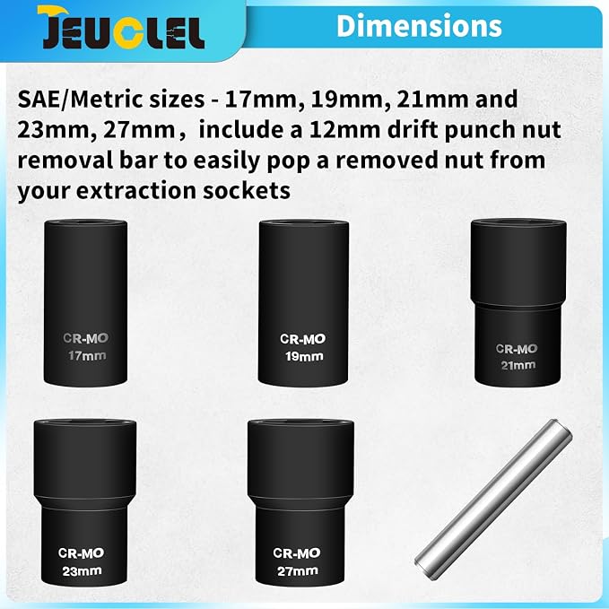 6PCS Twist Lug Nut Socket Set - 1/2 inch Drive Damaged Nut Lock Remover Extractor - Rusted & Stubborn Locking Nut Removal Tool Kit with 17mm 19mm 21mm 23mm 27mm Sockets & Center Punch Bar