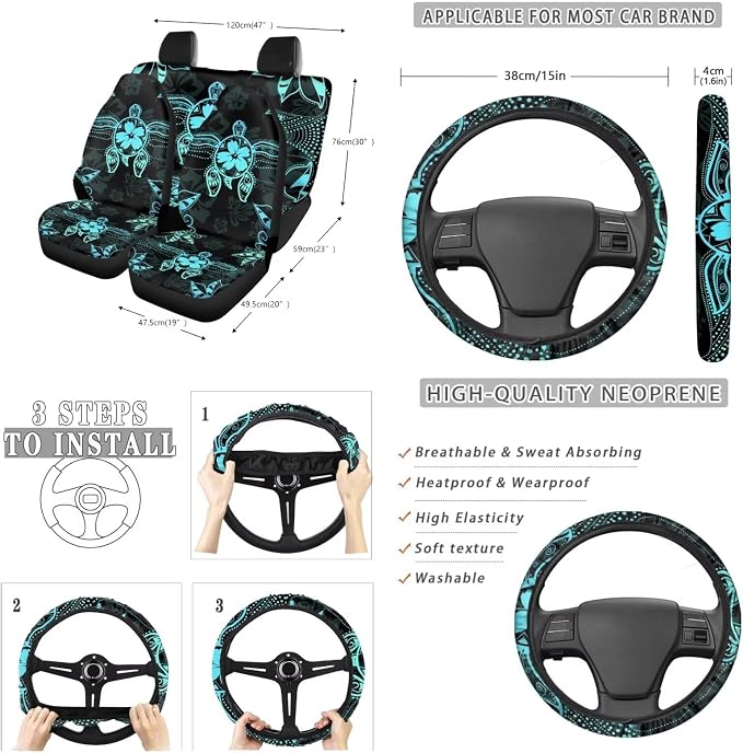 Suobstales Turtle Hibiscus Flower Print Car Accessories Car Seats Cover Protector, Steering Wheel Covers, Seatbelt Cover, Car Trash Can, Cup Coasters, Rearview Mirror Cover, Keychains, Pack of 13