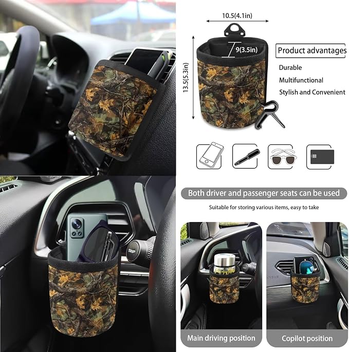 Green Leaf Camo Pattern Car Seat Covers Full Set Steering Wheel Cover Trash Can Air Vent Storage Bag Seatbelt Covers Rearview Mirror Cover Cup Coasters 15pcs Car Interior