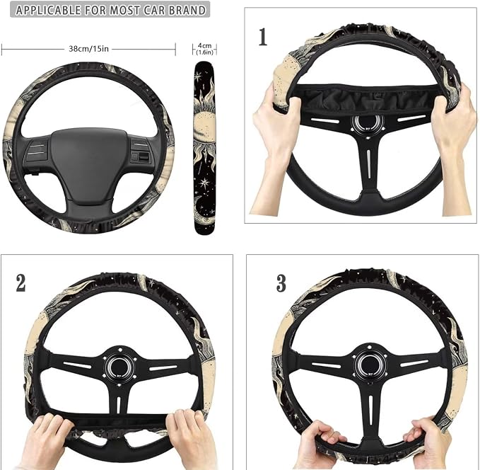 POLERO Sun Moon Star Seat Covers for Cars Vintage Interior Accessories Set 11Pcs Auto Steering Wheel Cover Seat Belt Pads Drink Coasters Cute Keychains