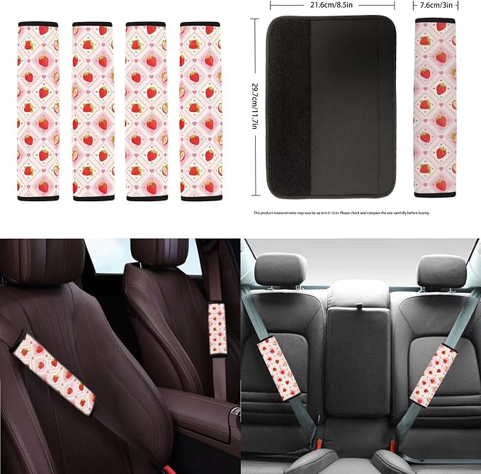 Strawberry Print 18Pcs Car Seat Cover Full Set for Women Cute Front and Back Car Seat Covers with Headrest Covers Steering Wheel Cover Seatbelt Pads Center Console Pad Cup Coasters