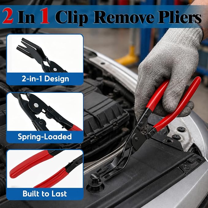 5PCS Automotive Electrical Disconnect Pliers with Connector Removal Tool & Hose Clamp Pliers & Trim Clip Remover, Universal Car Repair Tools Kit with Storage Case & Gloves