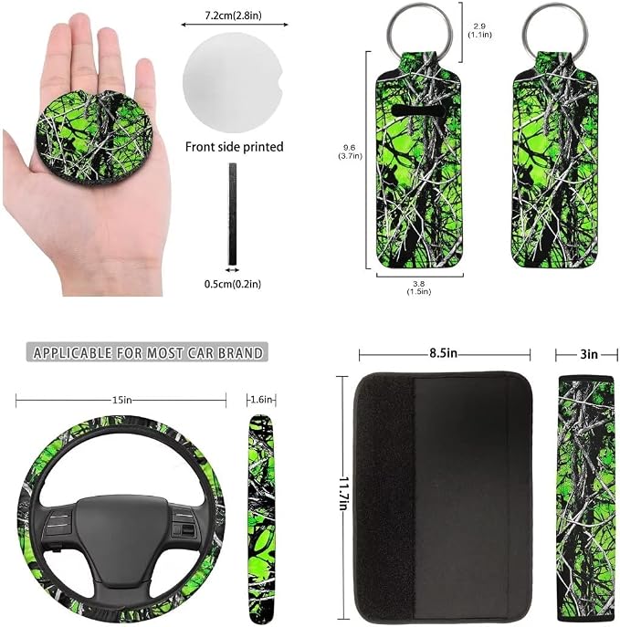 Car Seat Covers Full Set for Women Men Green Camo Hunting Wood Forest Oak Print Universal Auto Accessories with Steering Wheel Cover,Seat Belt Pad,Keychain,Coaster,Lipstick Holder