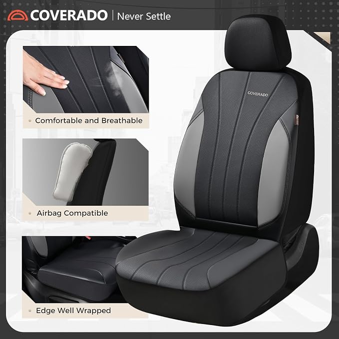Coverado Car Seat Covers， 2 Front Seats Waterproof Nappa Leather Automotive Seat Protectors, Front Luxury Mesh Seat Covers, All-Weather Universal Fit for Most Cars SUVs, Trucks, Black