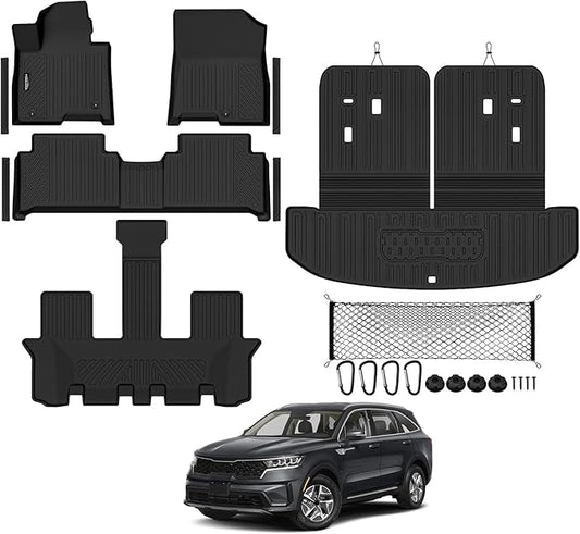 Tongama-Floor Mats for 2021-2026 Kia Sorento Hybrid (PHEV & Hybrid), All Weather TPE Trunk Mat with Backrest Mat & Cargo Net & Door Sill Guards for Kia Sorento Hybrid Floor Liner Accessories