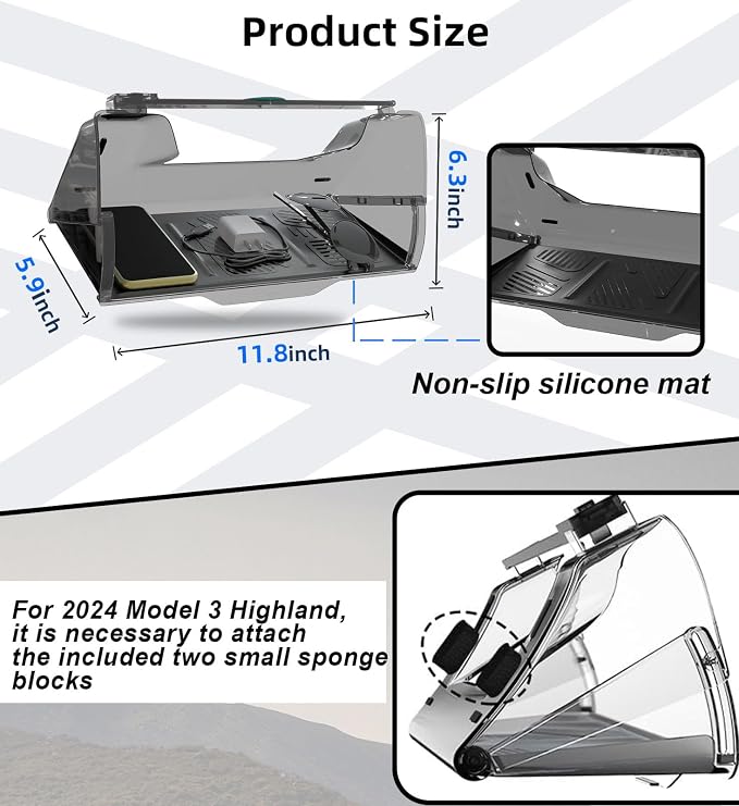 WinDu Under Screen Storage for Tesla Model 3 Y 2016-2025, Open and Close Hideable Center Console Organizer Tray with Anti-Slip Silicone Pad, Interior Accessories