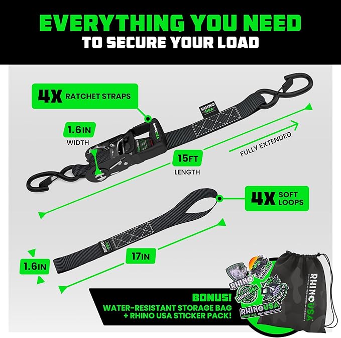Rhino USA Ratchet Straps Heavy Duty Kit (4-Pack) - 1.6 Inch x 15 Feet Min Break Strength (5,000) - Ultimate Tie Down Straps with Safety S Hooks for Trucks, ATV, UTV, Motorcycle, Cargo & More - Black