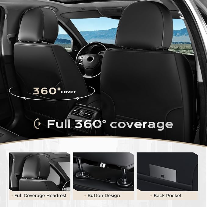 Coverado Car Seat Covers Full Set, Seat Covers for Cars, Front Seat Covers and Back Seat Cover Waterproof Leather Automotive Seat Cover, Universal Car Interior Protectors Cushion for Most Cars
