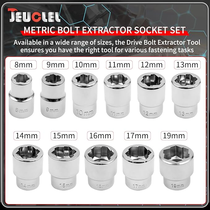 11Pcs 3/8" Drive Metric Bolt Extractor Socket Set - Sizes 8-19mm for Easy Removal of Damaged Fasteners with Innovative Clamping Design