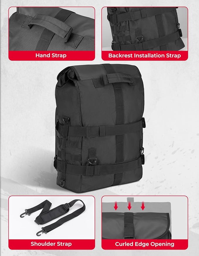 KEMIMOTO Motorcycle Sissy Bar Bag 30L Motorcycle Tail Travel Luggage Bag with Waterproof Rain Cover for Trip Camping Outdoor Motorbike with 4 Straps 1 Shoulder Strap