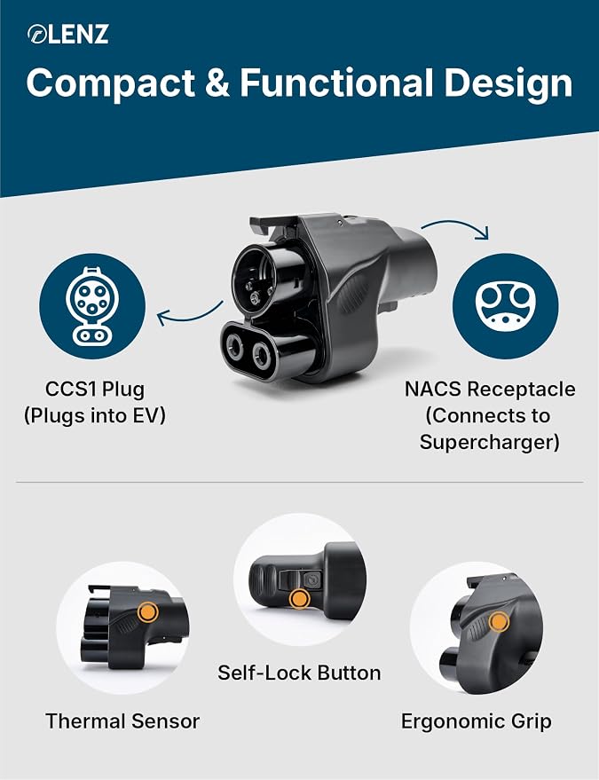 LENZ NACS to CCS Electric Vehicle Adapter for Superchargers – Charge CCS1 EVs at Tesla NACS Supercharger Stations, 500A 1000V - Compliant and UL 2252 SGS Certified
