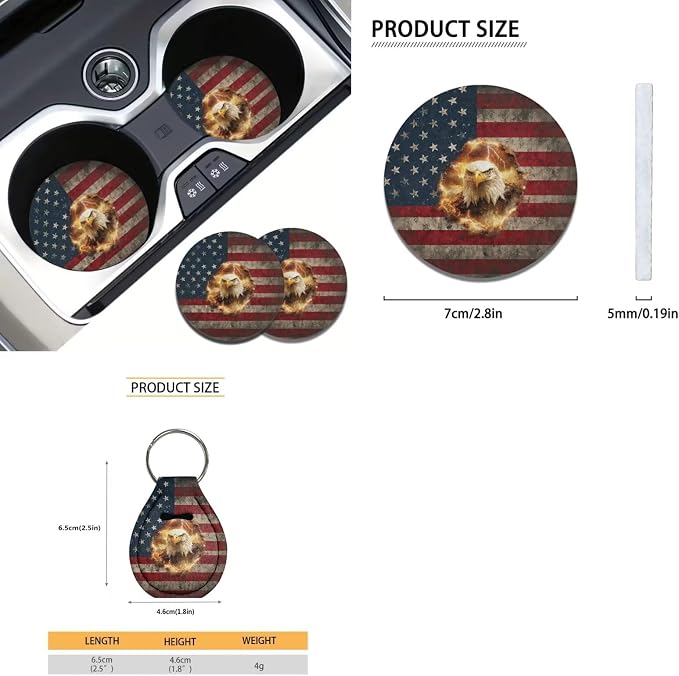 Xoenoiee American Flag and Eagle Car Seat Cover Front & Rear Seat Cover with Steering Wheel Cover + Seat Belt Cover+ Cup Coasters+ Key Chains Universal Fit for Van Truck SUV