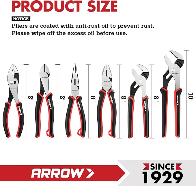 ARROW 6PCS Pliers Set, 8" Long Nose, Diagonal Cutting, Linesman, Slip Joint, 8" & 10" Groove Joint, Dual-Color Non-Slip Handle, Carbon Steel, for DIY, Home Repair & Maintenance