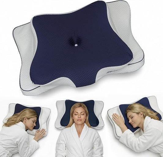 Cervical Neck Pillow for Sleeping – Cooling Memory Foam Cervical Pillow for Side Sleepers and Back Sleepers – Contour Ergonomic Neck Support (Dark Blue/White, Cooling)