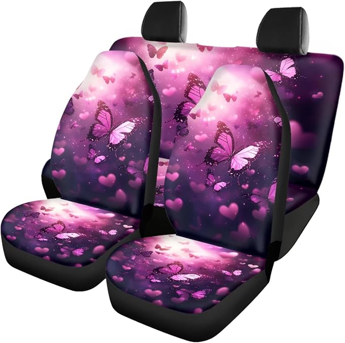 Pink Butterfly Car Seat Covers Full Set with Steering Wheel Cover Floor Mats Seat Belt Pads Armrest Pad Roof Handle Wraps Keychain Cup Coaster Auto Interior Accessories Set of 18