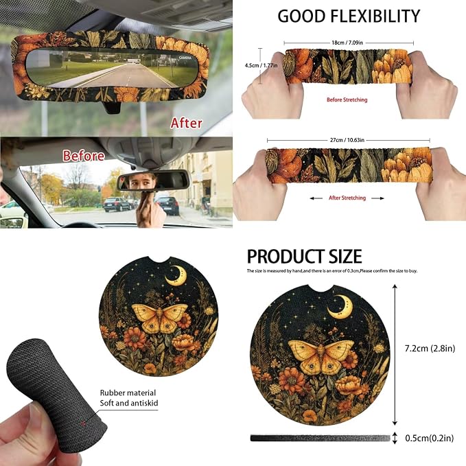 Moon Moth Car Aaccessories Full Set of 15 Pcs, Mushroom Car Seat Covers Set with Rear View Mirror Cover,Steering Wheel Covers,Car Trash Can with Lid for Women Man,Universal Fit