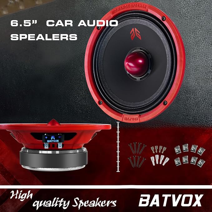 MX65E1 Midrange Loudspeaker 6.5" Red Bullet, 400W Max, 6 Ohms, Premium Quality Audio Door Speakers for Car or Truck Stereo Sound System, Red (2 Speaker)