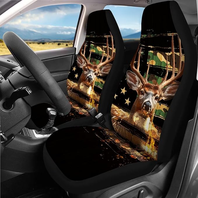 American Flag Deer Car Seat Covers Full Set 18 Pieces Animal Deer Car Interior Accessories Set with Seat Belt Pads Cover Car Trash Can Cars Headrest Covers Rear View Mirror Cover