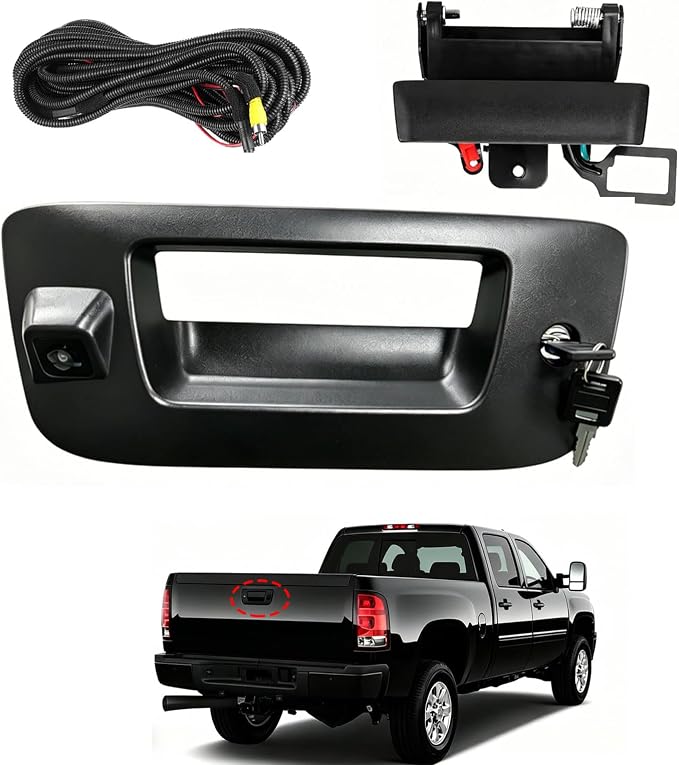 Tailgate Handle Backup Camera Rear View Camera Liftgate Latch Handle with Key Lock Cylinder Black fit for 2007-2014 Chevrolet Chevy Silverado GMC Sierra 1500 2500 3500
