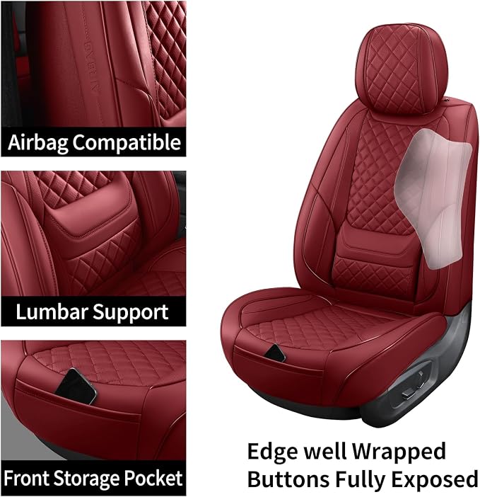 Red Leather Car Seat Covers Front Seat Breathable Seat Protectors Waterproof Automotive Seat Covers Universal Fit for Most Cars SUVs Trucks Vehicles