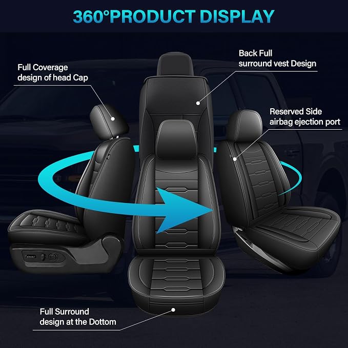 Front Seat Covers for Ford F150 2009-2025 2026 - F250/F350/F450 2017-2025 2026: 5 Seat Full Set Faux Leather Truck Seat Covers Car Cushion (2 PCS Front,Black)