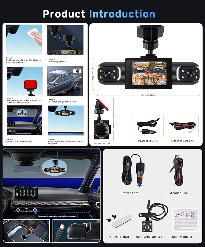 4 Channel 360 Dash Cam Front and Rear Inside Left Right, Dash Camera for Cars, Built-in Night Vision, Sensitive Motion Detection 24/7 Recording Parking Mode Monitor Reversing Help